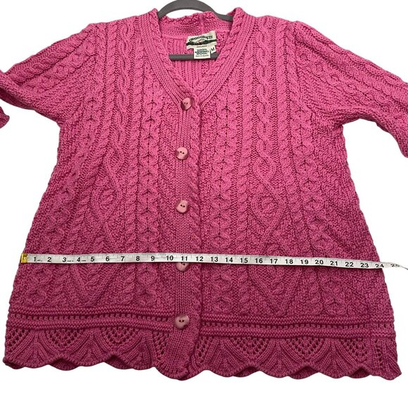 Aran Crafts Pink Cable Knit Merino Wool Cardigan Sweater M colorful pink scallop - Picture 9 of 10